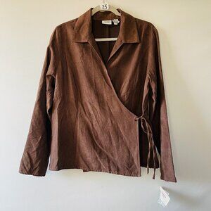 NWT Sonoma Life + Style Womens Brown Long Sleeve Minimalist Wrap Blouse Top Sz L